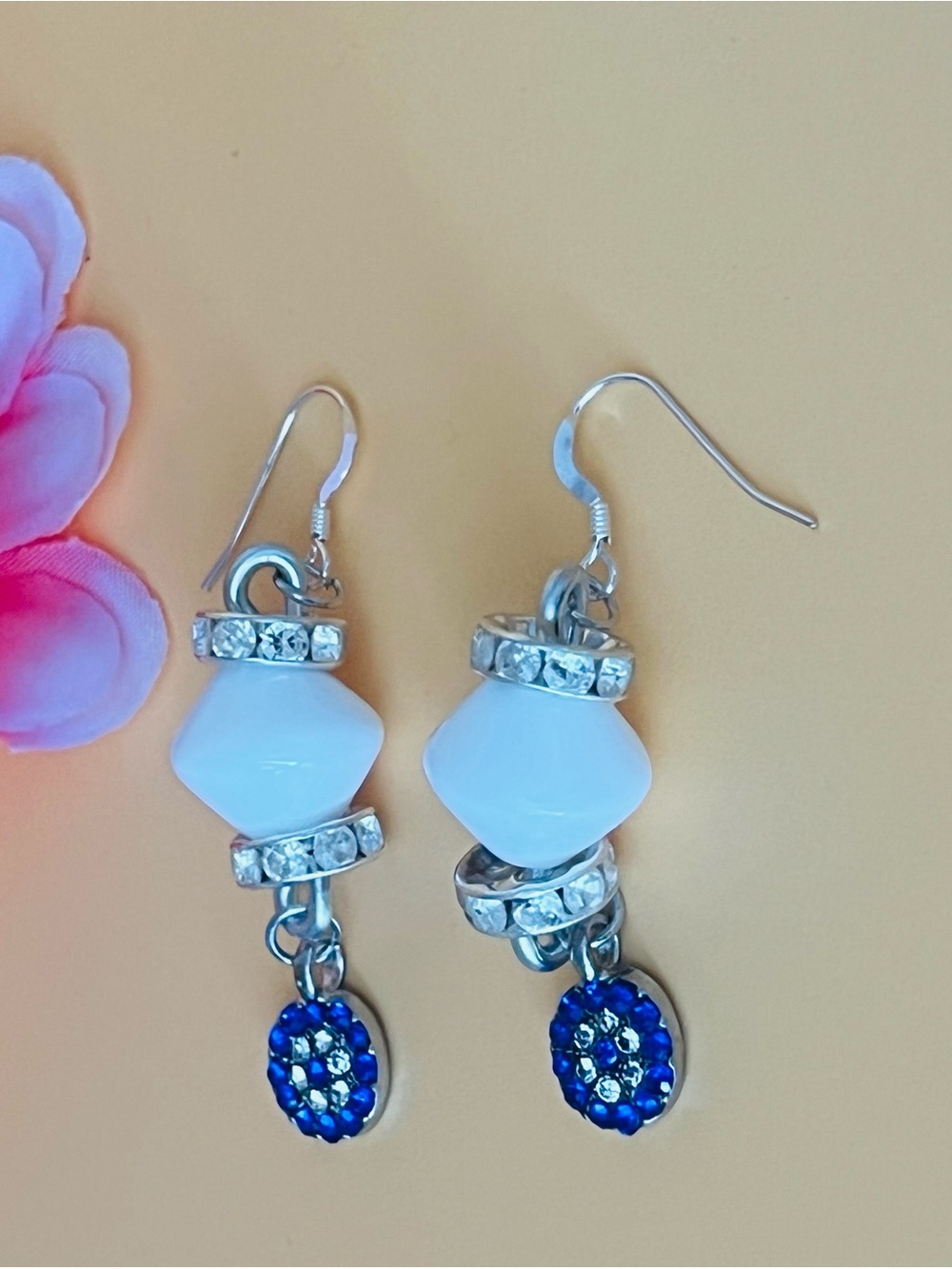 White Lucite and Blue Crystal evil eyes Drop Earrings -silver plated